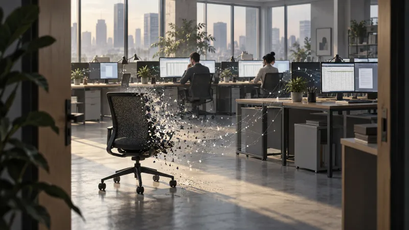An empty office chair dissolves into particles connected to active monitors while two employees continue working in the background.
