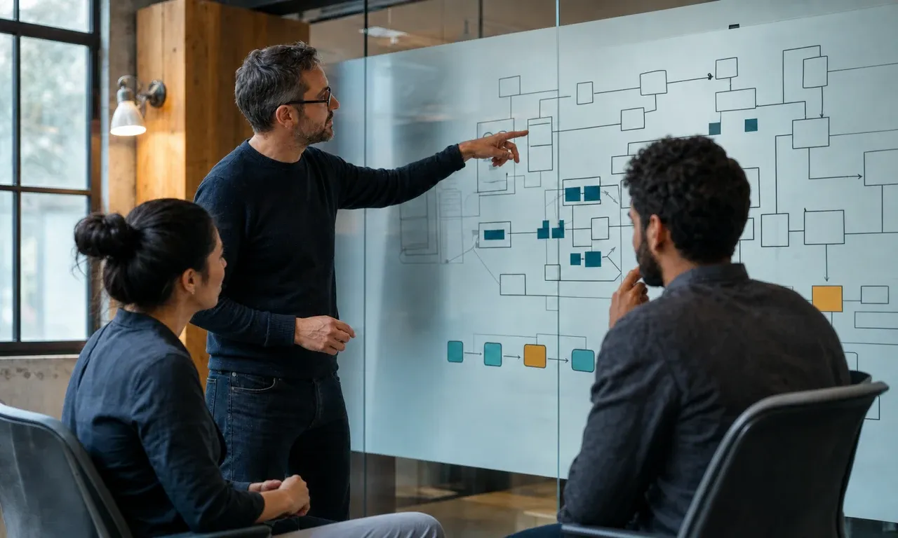 A technical leader guiding two software engineers through a system design