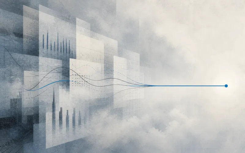 Scattered marketing data points fading into fog, symbolizing how conflicting metrics obscure a single clear decision.